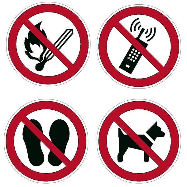 Verbotszeichen: Feuer verboten, Mobiltelefon verboten, Zutritt verboten, Hunde verboten
